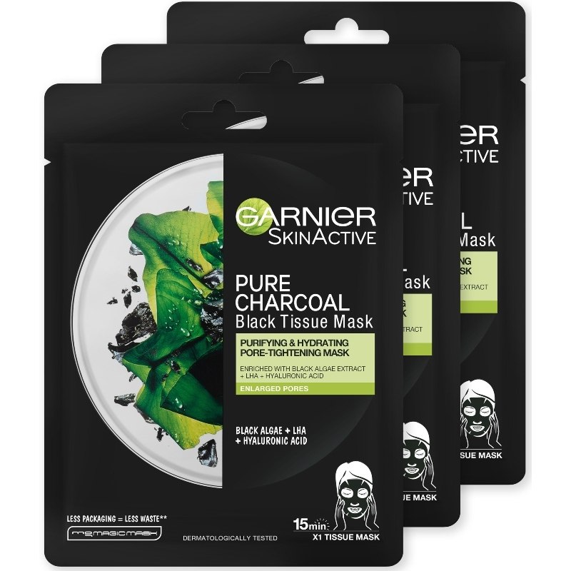 3 X Garnier Skinactive Face Pure Charcoal Black Tissue Mask Black Algae 28 Gr